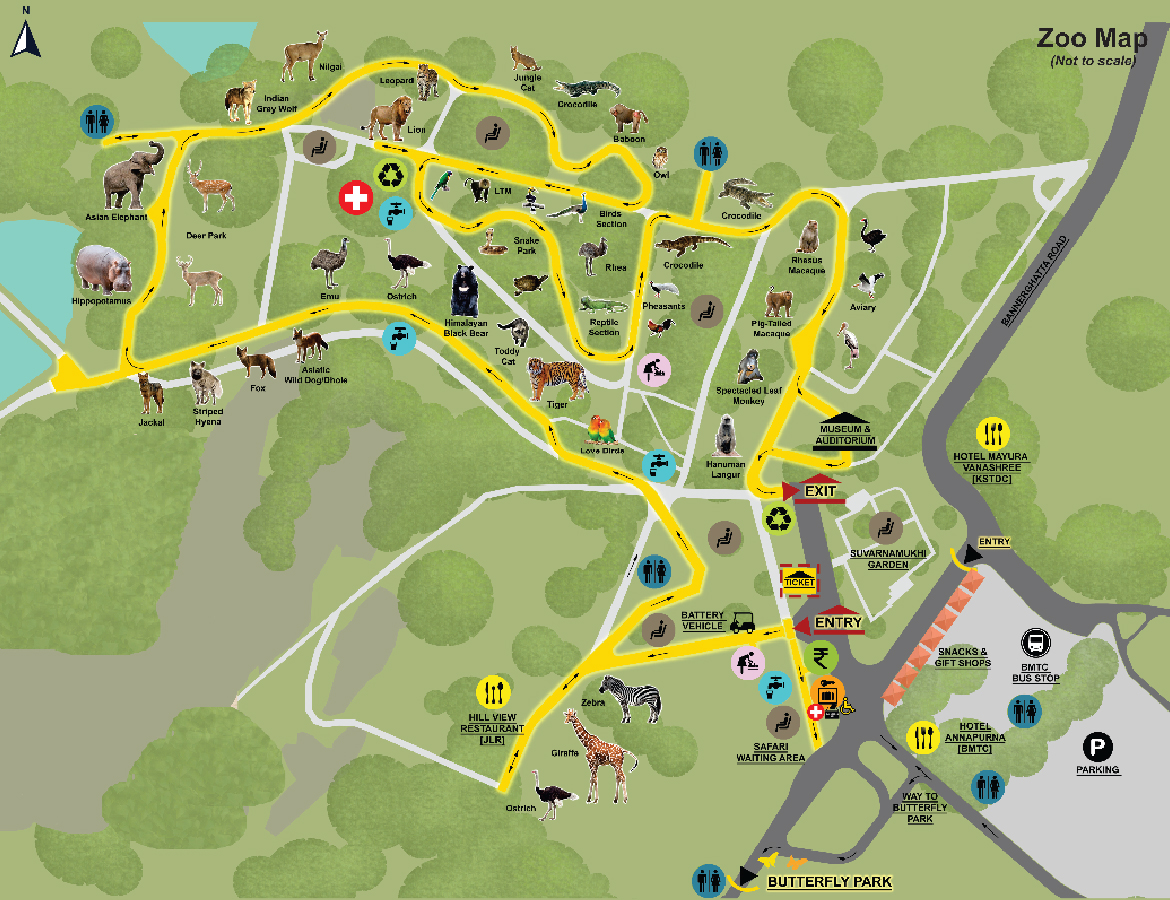 Illustrated map of Bannerghatta Biological Park showing the zoo, safari, butterfly park and visitor facilities.